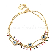 Boho 304 Stainless Steel Enamel Anklets, Double Layer Anklets, with Resin Links, Flat Round, Evil Eye, 7-7/8~8-1/4 inch(20~21cm)(AJEW-P125-01E-G)