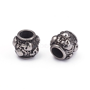 Halloween 304 Stainless Steel European Beads, Large Hole Beads, Barrel with Skull, Antique Silver, 8.5x9.5mm, Hole: 4.5mm(STAS-G220-42AS)
