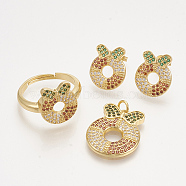 Brass Cubic Zirconia Pendants & Stud Earrings & Adjustable Rings Jewelry Sets, Christmas Wreath, Golden, 21.5x17.5x2.5mm, hole: 3mm, 15x12.5mm, Pin: 0.7mm, Size 8, 18mm(SJEW-S043-15)
