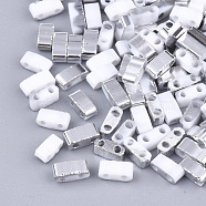 Electroplate Opaque Glass Seed Beads, 2-Hole, Rectangle, White, 4.5~5.5x2x2~2.5mm, Hole: 0.5~0.8mm(SEED-S023-18B-01D)