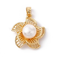 Natural Freshwater Pearl Pendants, with Golden Tone Brass Findings, Flower Charm, Floral White, 21x19x9mm, Hole: 4x3mm(KK-D084-04G)