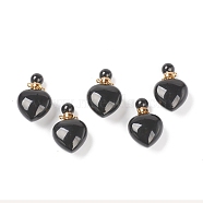 Natural Black Agate Pendants, Openable Perfume Bottle, with Golden Tone Brass Findings, Heart Shape, Dyed & Heated, 33~35x22~23x12~13mm, Hole: 3.5mm, capacity: 1ml(0.03 fl. oz)(G-H252-C01)