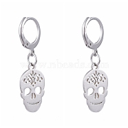 304 Stainless Steel Leverback Earrings, with 201 Stainless Steel Pendants, Skull, Stainless Steel Color, 34mm, Pin: 0.6x0.8mm(EJEW-JE04185-04)
