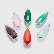 Glass Pendants, with Brass Finding, Faceted, teardrop, Golden, Mixed Color, 43x14x5.5mm, Hole: 2mm(GLAA-G056-01)