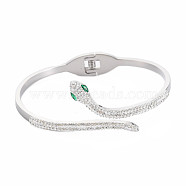 Rhinestone Snake Open Cuff Bangle, Stainless Steel Hinged Bangle with Polymer Clay for Women, Stainless Steel Color, Inner Diameter: 1-7/8x2-1/2 inch(4.7x6.2cm)(BJEW-N017-003P)