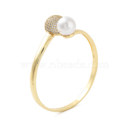 Rack Plating Brass Micro Pave Clear Cubic Zirconia Bangles, with Round Plastic Imitation Pearl, Cadmium Free & Lead Free, Long-Lasting Plated, Real 18K Gold Plated, Inner Diameter: 2-3/8x2-1/4 inch(6.05x5.85cm)(BJEW-M314-01G)