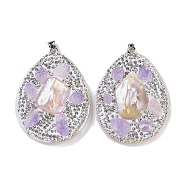 Natural Shell Polymer Clay Rhinestone Pendants, Resin Amethyst Teardrop Charms with Platinum Plated Brass Snap on Bails, White, 53.5~55x40~40.5x8~8.5mm, Hole: 6.5x5mm(KK-F868-20P-01)