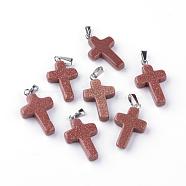 Synthetic Goldstone Pendants, Dyed, with Brass Pinch Bails, Platinum Plated, Cross, 23.5~28x15~18x4mm, Hole: 3x6mm(G-J354-02)