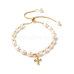 Adjustable Natural Pearl Beads Slider Bracelets, with 304 Stainless Steel Venetian Chains and Brass Cross Charm, Beige, 0.15cm, Inner Diameter: 1-3/4~3-1/4 inch(4.5~8.2cm)(BJEW-JB06531-02)