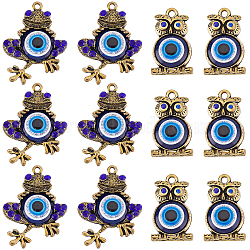 20Pcs 2 Style Alloy Pendants, with Resin and Rhinestone, Cadmium Free & Lead Free, Owl & Frog with Evil Eye, Antique Bronze, 30~37x18~27.5x5~5.5mm, Hole: 1.8~2mm, 10pcs/style(FIND-SC0002-69)