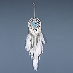 Iron Bohemian Woven Web/Net with Feather Macrame Wall Hanging Decorations, for Home Bedroom Decorations, Sky Blue, 590mm(PW-WG41914-04)