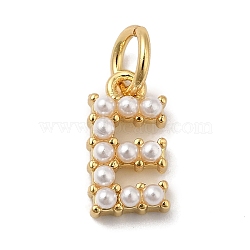 Rack Plating Brass with ABS Plastic Imitation Pearl Charms, Long-Lasting Plated, Lead Free & Cadmium Free, Real 18K Gold Plated, Letter E, 10.5x5.5x2.5mm, Hole: 3mm(KK-B092-30E-G)