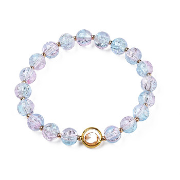 Round Glass Beaded Stretch Bracelet with Gold Plated Brass Ring for Women, Light Sky Blue, Inner Diameter: 2 inch(5cm)