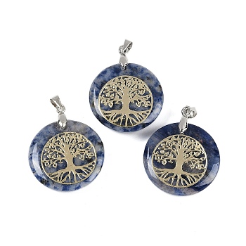 Natural Blue Spot Jasper Flat Round Pendants, Tree of Life Charms with Rack Plating Platinum Tone Brass Snap on Bails, Cadmium Free & Lead Free, 30.5~32x25~25.5x6.5~7.5mm, Hole: 4.5x3.5mm