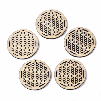 Undyed Natural Wooden Pendant, Spiritual Charms, Laser Cut Shapes, Flower of Life/Sacred Geometry, Antique White, 32x2.5mm, Hole: 1.2mm