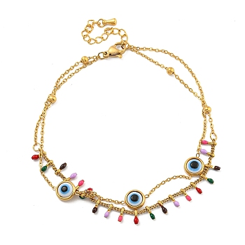 Boho 304 Stainless Steel Enamel Anklets, Double Layer Anklets, with Resin Links, Flat Round, Evil Eye, 7-7/8~8-1/4 inch(20~21cm)