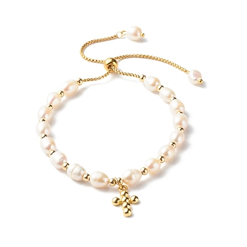 Adjustable Natural Pearl Beads Slider Bracelets, with 304 Stainless Steel Venetian Chains and Brass Cross Charm, Beige, 0.15cm, Inner Diameter: 1-3/4~3-1/4 inch(4.5~8.2cm)