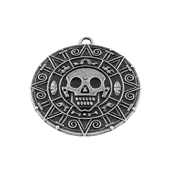 Flat Round with Skull Tibetan Style Alloy Pendants, Cadmium Free & Lead Free, Antique Silver, 42.5x39x3mm, Hole: 3mm, about 85pcs/1000g