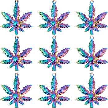 10Pcs Rack Plating 304 Stainless Steel Pendants, Cadmium Free & Nickel Free & Lead Free, Pot Leaf/Hemp Leaf Shape, Rainbow Color, 35.5x30x3.5mm, Hole: 1.8mm