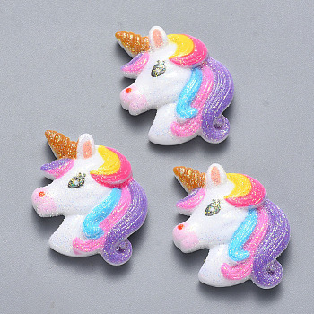 Resin Cabochons, with Glitter Powder, Unicorn, Colorful, 25.5x24x5mm