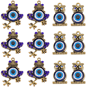 20Pcs 2 Style Alloy Pendants, with Resin and Rhinestone, Cadmium Free & Lead Free, Owl & Frog with Evil Eye, Antique Bronze, 30~37x18~27.5x5~5.5mm, Hole: 1.8~2mm, 10pcs/style