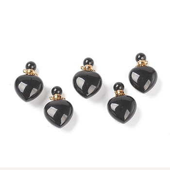 Natural Black Agate Pendants, Openable Perfume Bottle, with Golden Tone Brass Findings, Heart Shape, Dyed & Heated, 33~35x22~23x12~13mm, Hole: 3.5mm, capacity: 1ml(0.03 fl. oz)