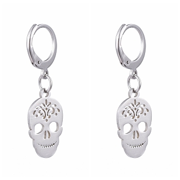 304 Stainless Steel Leverback Earrings, with 201 Stainless Steel Pendants, Skull, Stainless Steel Color, 34mm, Pin: 0.6x0.8mm