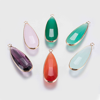 Glass Pendants, with Brass Finding, Faceted, teardrop, Golden, Mixed Color, 43x14x5.5mm, Hole: 2mm