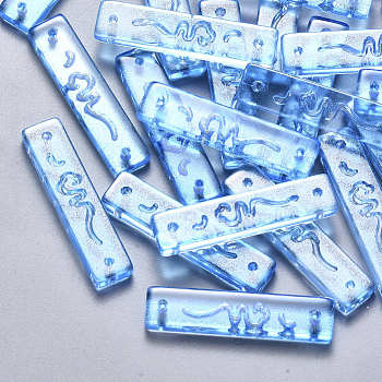 Transparent Spray Painted Glass Links connectors, with Glitter Powder, Rectangle, Dodger Blue, 30x7x3mm, Hole: 1.2mm