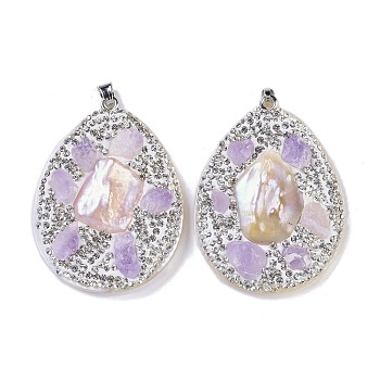 Natural Shell Polymer Clay Rhinestone Pendants, Resin Amethyst Teardrop Charms with Platinum Plated Brass Snap on Bails, White, 53.5~55x40~40.5x8~8.5mm, Hole: 6.5x5mm
