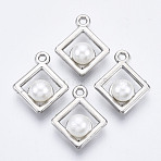 ABS Plastic Imitation Pearl Pendants, with UV Plating Acrylic Findings, Rhombus, Platinum, 17.5x14.5x7.5mm, Hole: 2mm(OACR-R248-006P)