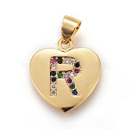Brass Micro Pave Cubic Zirconia Pendants, Heart with Letter, Colorful, Letter.R, 17x15x1.5mm, Hole: 3.5x4.5mm(X-ZIRC-F093-57G-R)