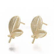 Brass Stud Earring Findings, with Loop, Leaf, Nickel Free, Real 18K Gold Plated, 14.5x9.5mm, Hole: 1mm, Pin: 0.8mm(KK-T050-59G-NF)