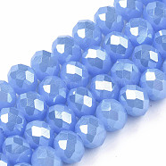 Electroplate Glass Beads Strands, Imitation Jade Beads, Pearl Luster Plated, Faceted, Rondelle, Cornflower Blue, 6x5mm, Hole: 1mm, about 83~85pcs/strand, 38~39cm(EGLA-A034-J6mm-A02)