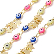 Handmade Eco-friendly Brass Star Link Chain, with Glass Evil Eye Beaded, Real 18K Gold Plated, Lead Free & Cadmium Free, Soldered, with Spool, Colorful, 10x6x4mm, 5.5x4x1mm(CHC-E025-09G)