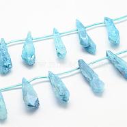 Electroplated Natural Quartz Crystal Beads Strands, Top Drilled Beads, Dyed, Teardrop, Light Sky Blue, 27~34x8~12x5~9mm, Hole: 1.5mm, about 22pcs/strand, 14.3 inch(G-G890-B-03)