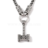 304 Stainless Steel Box Chain Viking Mjolnir Thor Hammer Pendant Necklaces for Men, Antique Silver, 23.62 inch(60cm)(NJEW-K278-11AS)