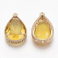 Faceted Glass Pendants, with Golden Tone Brass Open Back Settings, Teardrop, Goldenrod, 23x15.5x6.5mm, Hole: 1.5mm(GLAA-T010-016E)