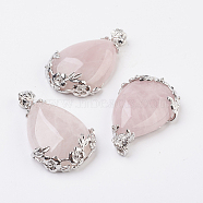 Valentine Gifts Idea for Guys Natural Rose Quartz Pendants, with Brass Findings, teardrop, Platinum, 43x26x8mm, Hole: 5x4mm(X-G-Q689-10)
