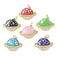 Brass Micro Pave Clear Cubic Zirconia Pendants, with Enamel, Shell and Jump Ring, Real 18K Gold Plated, Planet, Mixed Color, 15.5x20x4mm, Hole: 3.6mm(KK-C045-18G)