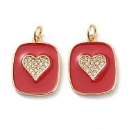 Brass Micro Pave Clear Cubic Zirconia Pendants, with Red Enamel, Long-Lasting Plated, With Jump Rings, Rectangle with Heart, Real 18K Gold Plated, 19x15x2mm, Hole: 3mm, Jump Ring: 5x1mm(ZIRC-Z008-07G)