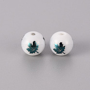 Electroplate Glass Beads, Round, Maple Leaf Pattern, Green Plated, 10mm, Hole: 1.2mm(EGLA-Q123-010D)