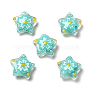 Handmade Lampwork Beads, Star with Flower Pattern, Turquoise, 12~12.5x12.5~13x6~6.5mm, Hole: 0.9~1mm(LAMP-M011-04A)