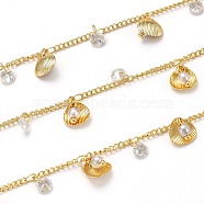3.28 Feet Handmade Brass Curb Chains, with Clear Cubic Zirconia, Acrylic Imitation Pearl Charms, Long-Lasting Plated, Soldered, Shell Shape, Golden, Link: 2x1.6x0.3mm and 3.5x1.7x0.3mm(X-CHC-L039-38G)