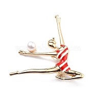 Ballerina Enamel Pin with Imitation Pearl, Human Alloy Brooch for Backpack Clothes, Light Gold, Red, 40x41x9mm, Pin: 0.7mm(JEWB-O010-04)