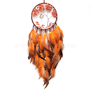 Natural Red Aventurine Chips Flat Round with Tree of Life Wind Chime, Woven Net/Web with Feather and Iron Findings for Home, Car Interior Ornaments, Dark Orange, 700mm(TREE-PW0005-03)