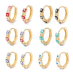 Square with Evil Eye Enamel Huggie Hoop Earrings for Women, Real 18K Gold Plated Cubic Zirconia Small Hoop Earrings, Mixed Color, 3x14mm, Pin: 1mm(EJEW-I260-45G-NR)