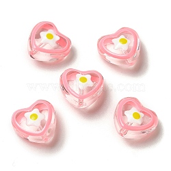 Transparent Glass Beads, Hand Drawn Beads, with Enamel Wave Pattern, Heart, Pink, 12x12x6.5mm, Hole: 1mm(GLAA-B008-03C)