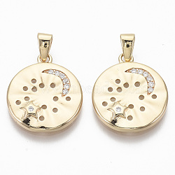 Brass Micro Pave Cubic Zirconia Pendants, Nickel Free, Flat Round, Clear, Real 18K Gold Plated, 18.5x16x2mm, Hole: 2x3mm(KK-R130-022G-NF)