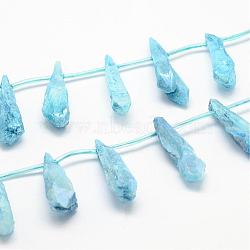Electroplated Natural Quartz Crystal Beads Strands, Top Drilled Beads, Dyed, Teardrop, Light Sky Blue, 27~34x8~12x5~9mm, Hole: 1.5mm, about 22pcs/strand, 14.3 inch(G-G890-B-03)